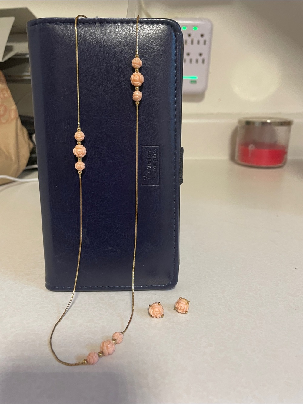 Delicate Pink Carved Bead Necklace and Stud Earrings Set